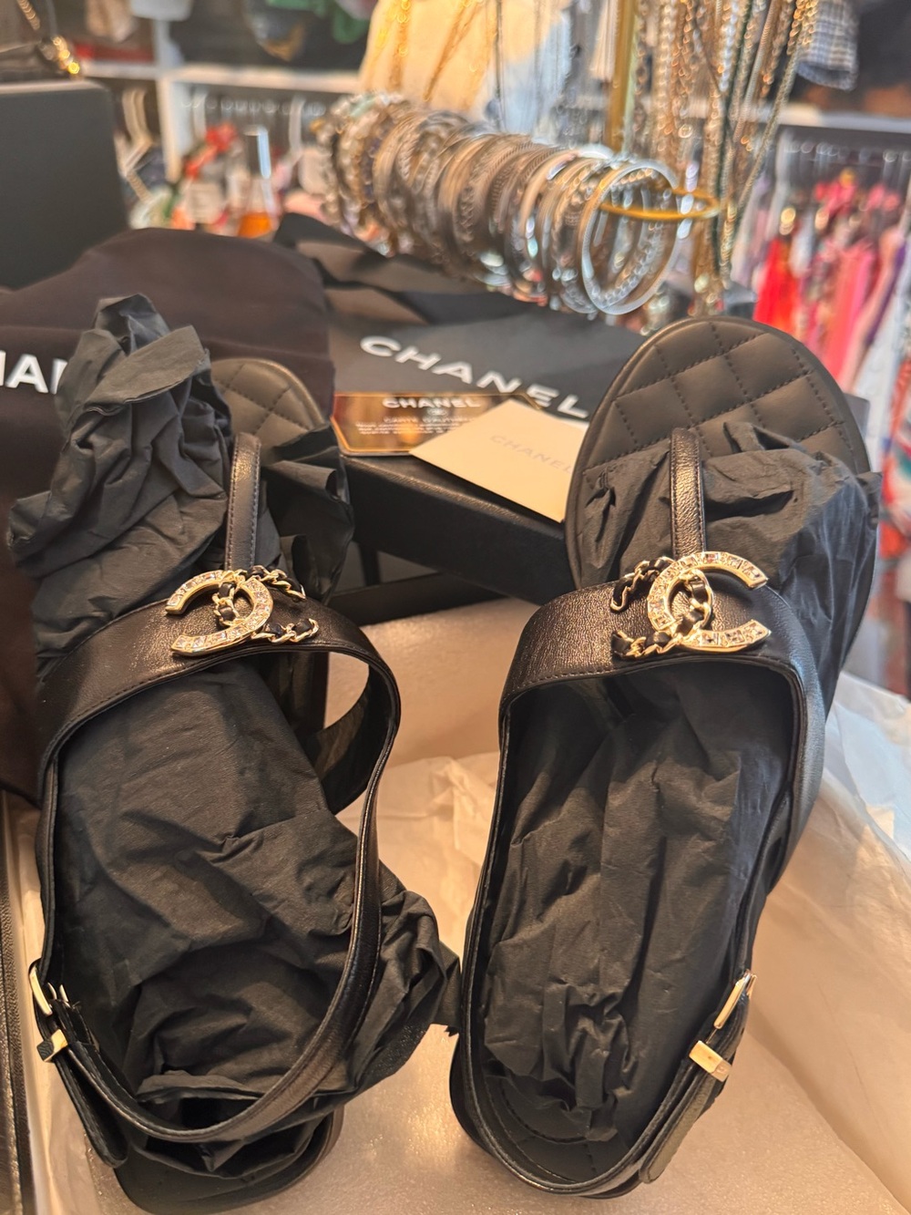 Chanel Brand NEW! Never worn black lambskin thong/T-strap slingback sandals